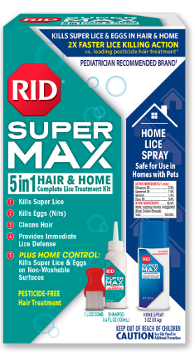 RID Super Max 5-in-1 Hair & Home lice treatment kit (box image) showing spray bottle and shampoo; kills lice and nits, cleans hair, provides lice defense, and includes home-surface spray.