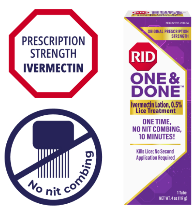 Lice treatment packaging with 'One & Done' ivermectin lotion box and two left-side icons: a red octagon warning label stating 'Prescription Strength Ivermectin' and a circular 'No nit combing' symbol.