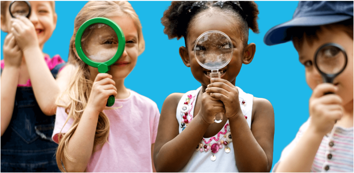 Four children using magnifying glass to search for lice.